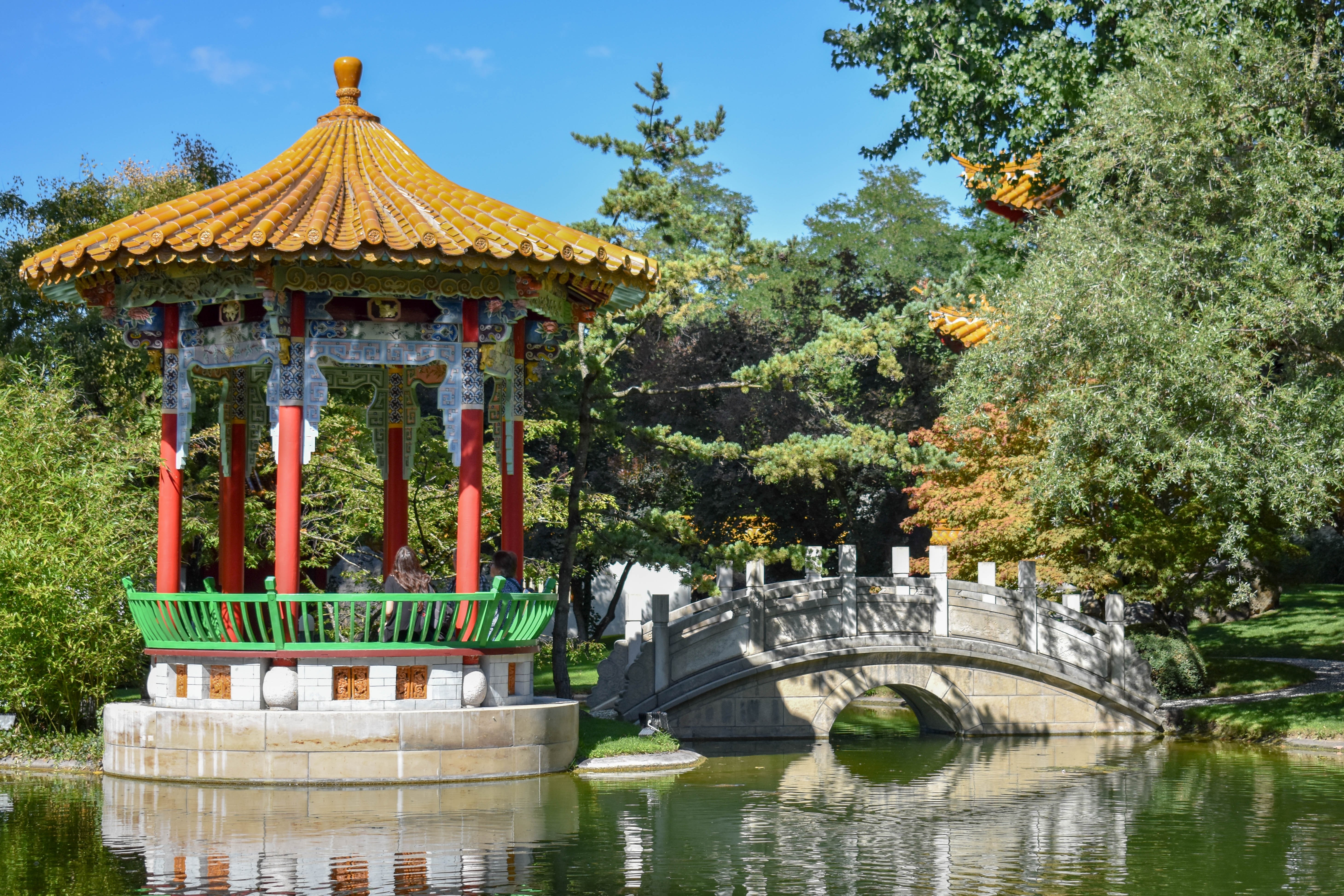 Chinagarten Zürich. Thematic garden with typical buildings of China